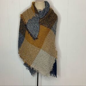 Jessica McClintock Blanket Wrap Scarf Shaw Cape Rust Brown Navy Blue Fringe